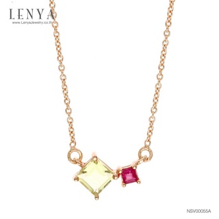 Lenya Jewelry สร้อยคอเงินแท้ ชุบพิงค์โกล์ด ประดับ เลมอนควอตซ์ (Lemon Quartz) ทรงสี่เหลี่ยม และทับทิม