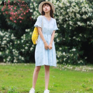 ‼️SALE‼️พร้อมส่ง ALYABOOMTY Mori Girl Hollow Out Floral Dress #Blue