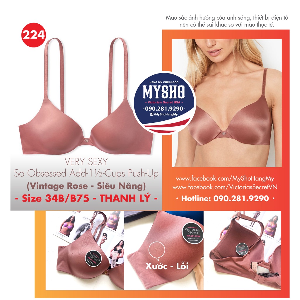 [Size 34B - 224 VS So Obsessed Add 1+1/2 cup Push-up Bra - Vintage Rose ยกหน้าอกสุด