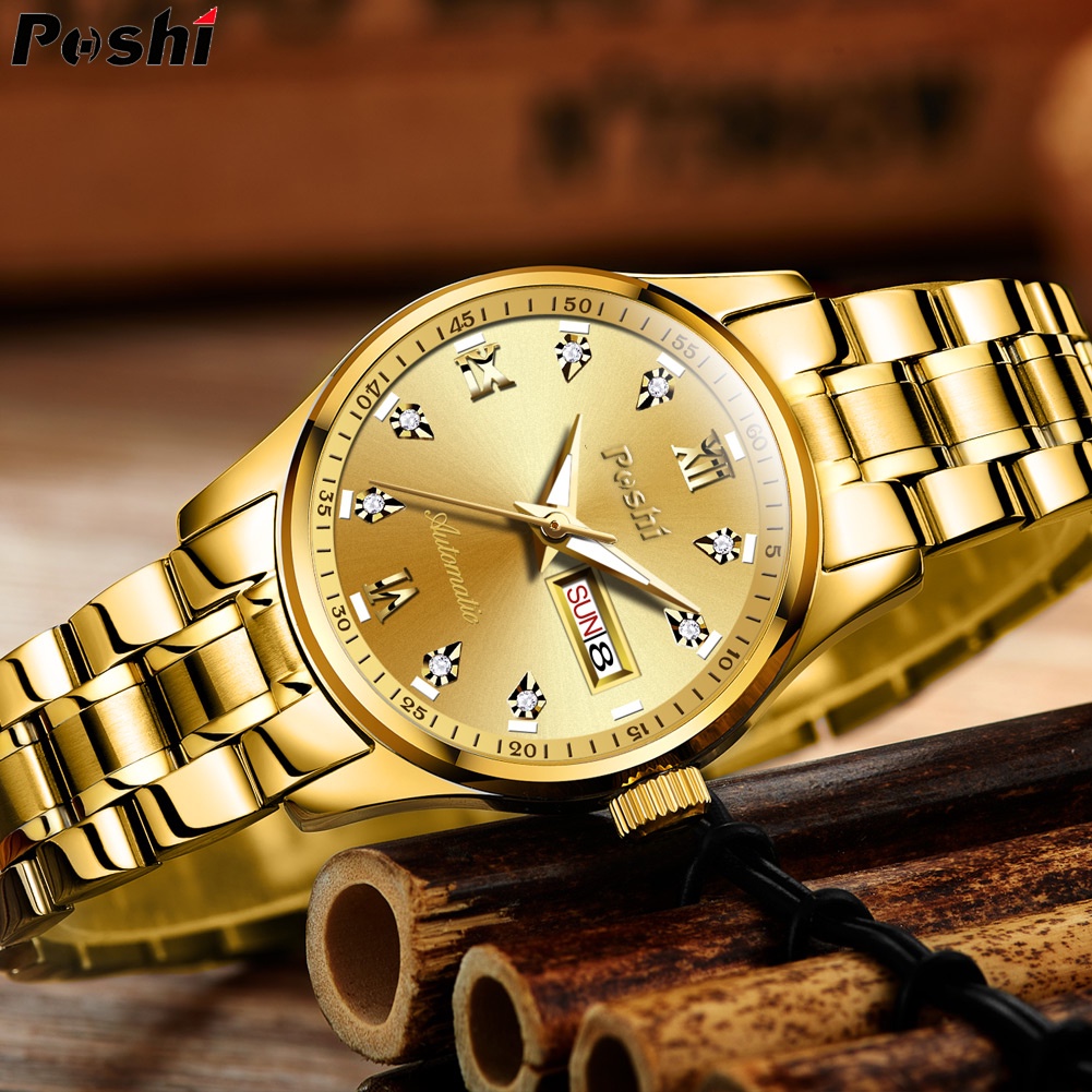 POSHI Elegant สุภาพสตรีนาฬิกาหน้าปัดเล็ก Luminous Analog อัตโนมัติสําหรับผู้หญิงสายสแตนเลสกันน้ํานาฬ