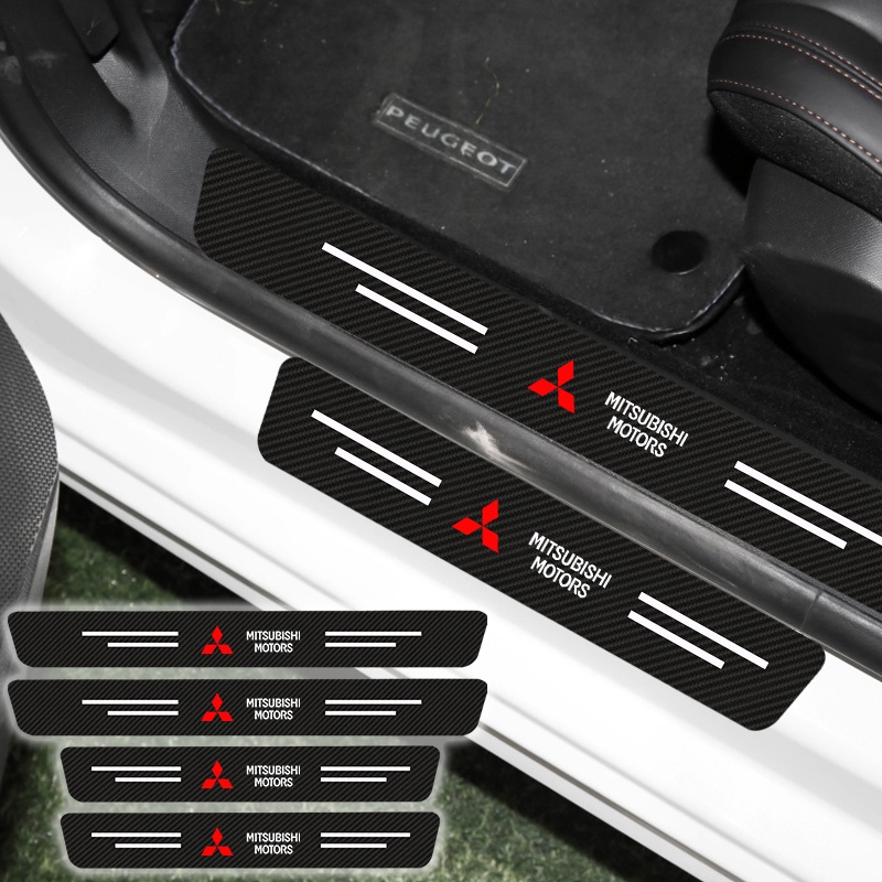 4pcs คาร์บอนไฟเบอร์หนังรถเกณฑ์ประตู Anti-scratch สติกเกอร์โลโก้รถออกแบบ Auto ประตู Sill ป้องกันสติกเกอร์สําหรับ Mitsubishi ASX Lancer Pajero Outlander L200 EVO EX
