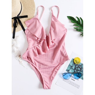 [SALE พร้อมส่ง] One-piece สีหวานแต่งระบายเก๋ๆที่อก ผ้ายืดหยุ่นดีใส่สบาย บรามีฟองน้ำพร้อมค๊าาา