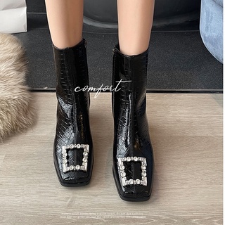 French retro square toe temperament thick heel ankle boot S1187