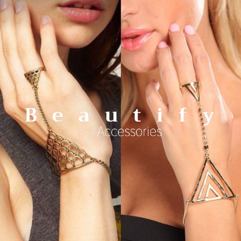 𝓑𝓮𝓪𝓾𝓽𝓲𝓯𝔂 สร้อยข้อมือแหวนสวมนิ้วสีทอง ใส่ได้หลายสไตล์