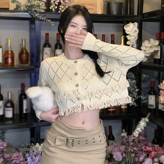 เสื้อกันหนาว ตัวสั้น ผ้าถัก ประดับเพชร แต่งพู่ ออกแบบดี ฉลุลาย สําหรับผู้หญิง