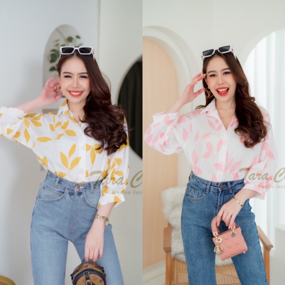 VA057 TARA Shirt เสื้อเชิ้ต ไหล่สโลป แขน 5 ส่วน เนื้อผ้าฝ้าย พิมพ์ลาย ผ้าดี ผ้าไม่ต้องรีด ใส่สบาย ไม่ร้อน