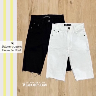 BabarryJeans ยีนส์สามส่วน เอวสูง ผ้ายีนส์ยืด ปลายตัด สีดำซุปเปอร์แบล็ค/ สีขาว