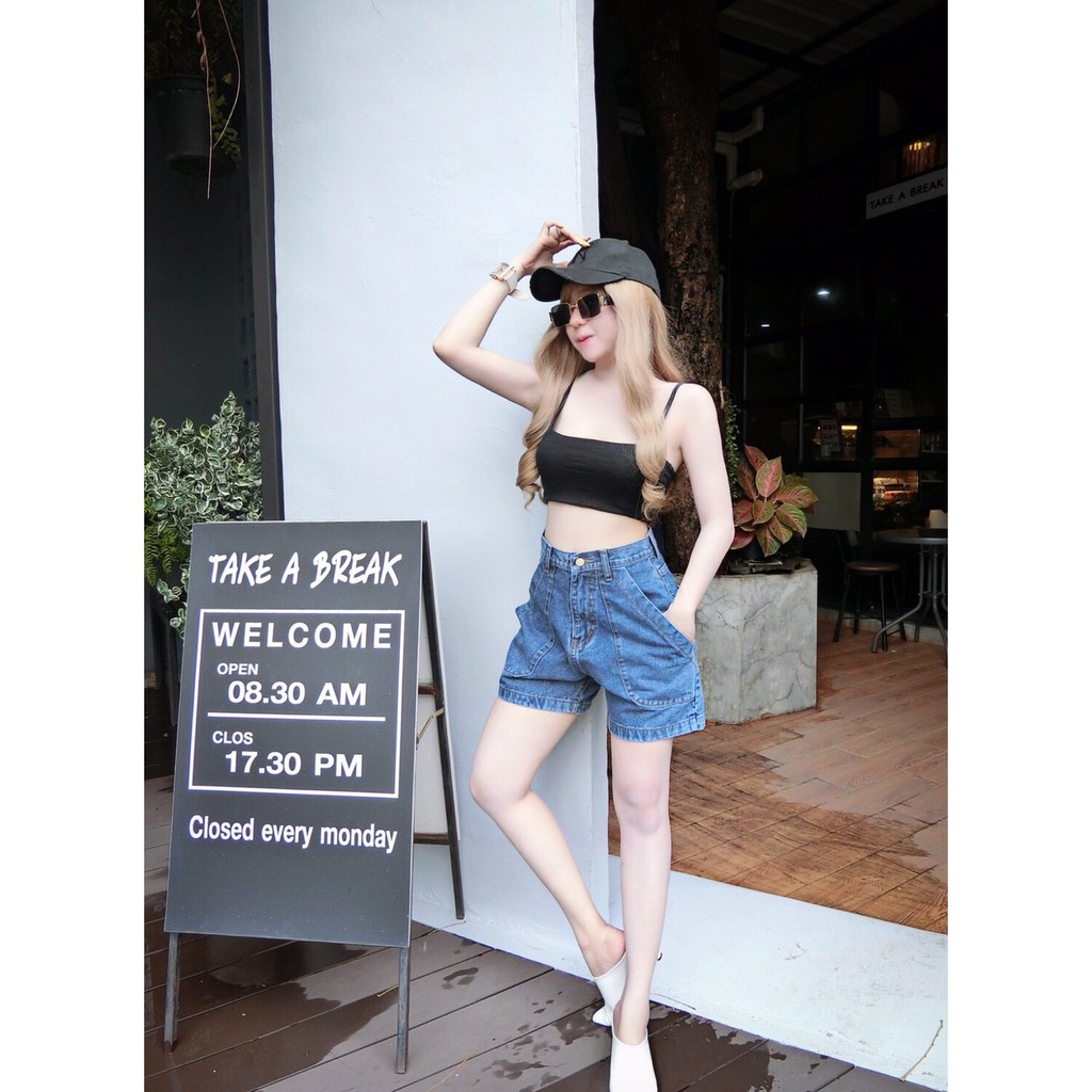 Cc jeans 186 S-3XL กางเกงยีนส์ผู้หญิง ขาสั้น เอวสูง แต่งกระเป๋าหน้า สีเข้มกลางฟอก - รูปที่ 4