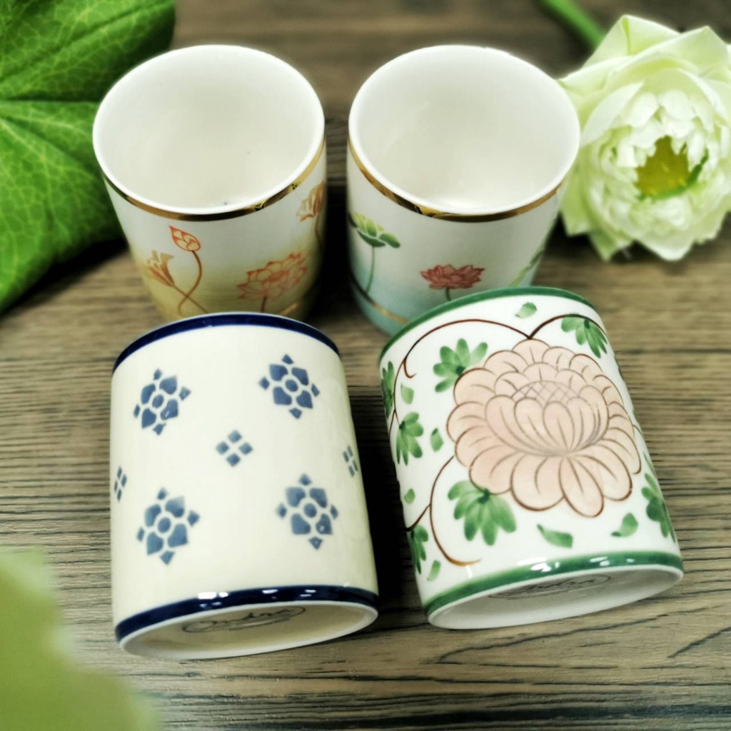 INDRA CERAMIC แก้วน้ำสำหรับหิ้งพระ ทรงกระบอก ลายใบเทศ/พิกุลแก้ว/บัวสยามวาดทอง เซรามิกคุณภาพดี