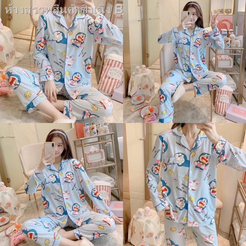 ♠♂พร้อมส่งชุดนอนเสื้อคอปกแขนยาวกับกางเกงขายาว ชุดนอนลายโดเรม่อน สีฟ้าอ่อน (โดเรม่อน)