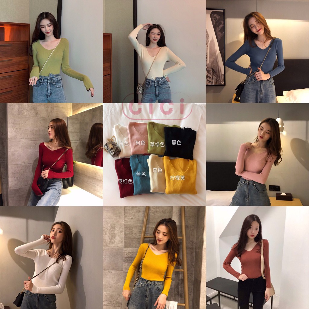 ส่งทันที Cici(พร้อมส่ง)[607]เสื้อแขนยาวไหมพรมสเวตเตอร์สีพื้น