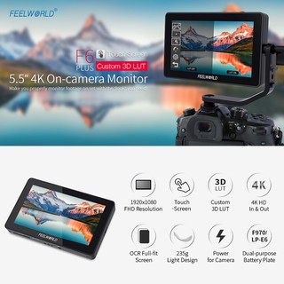 feelworld f 6 plus 5 . 5 นิ้วชุดอุปกรณ์หน้าจอมอนิเตอร์กล้อง 3 d lut video assist พร้อมที่บังแดด 4 k hd input &amp;