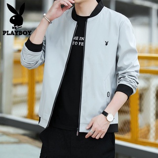 2021 New PLAY BOY ผู้ชายแจ็คเก็ตลำลองซิปเสื้อบางแฟชั่นแจ๊กเก็ตหนุ่มใหม่เกาหลีออกแบบ Polyester