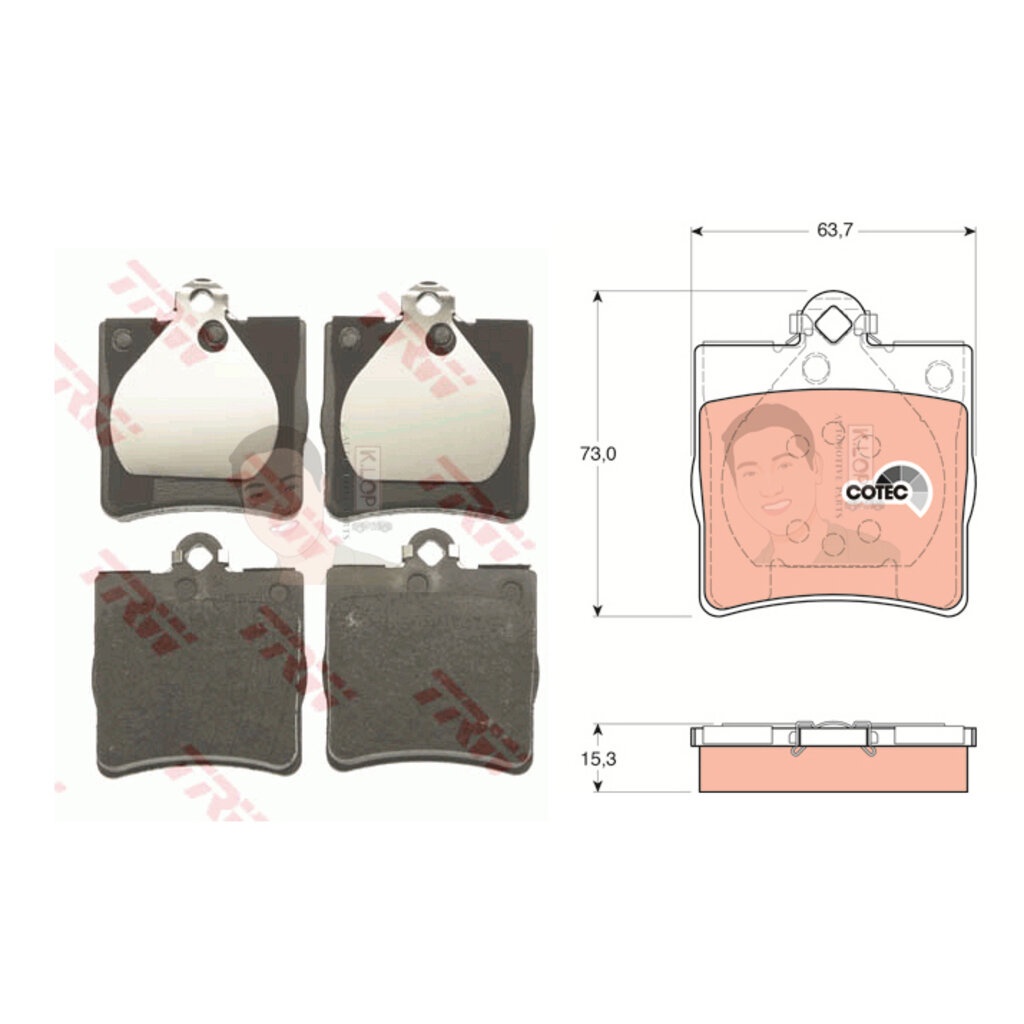 GDB1335 ผ้าเบรค-หลัง(TRW) (เนื้อผ้า COTEC) BENZ C180,200 '02 up C200, C220 CDI (W203) ( มี shim เหล็