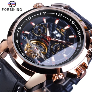 Forsining Rose Golden Tourbillon Mechanical Watches Classic Automatic Skeleton Date Genuine Leather Male Clock Reloj Hom