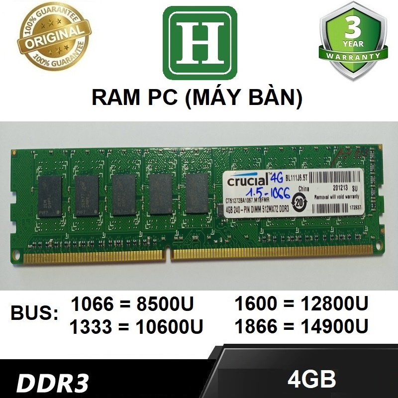 4gb DDR3 รถบัส 1066 - 8500U PC ram, Super-Stable และ Synchronous zin ram , 3 ปี