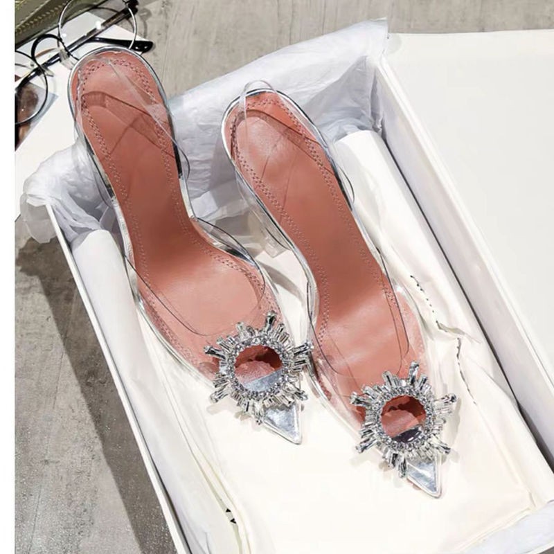 👠 35-42 รองเท้าแตะโปร่งใสหญิง 7 ซม./9 ซม.รองเท้าส้นสูงฤดูร้อนสไตล์ใหม่ Baotou กับเพชร 4142 ขนาดใหญ่ชี้ toe stiletto คริ