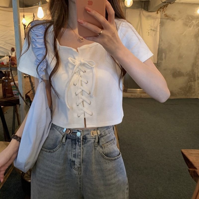 เสื้อครอปคอเหลี่ยมบางแขนสั้นฤดูร้อนขนาดบวก