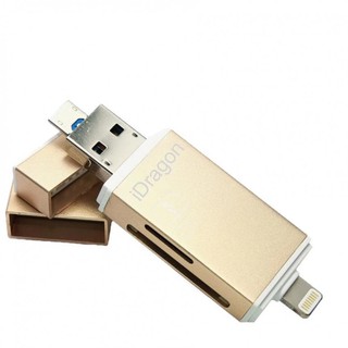 iDragon Card Reader Micro SD/SD Card USB 3.0 แฟลชไดร์ฟสำรองข้อมูลสำหรับ iPhone,IPad และ Android (Gold)  #1292