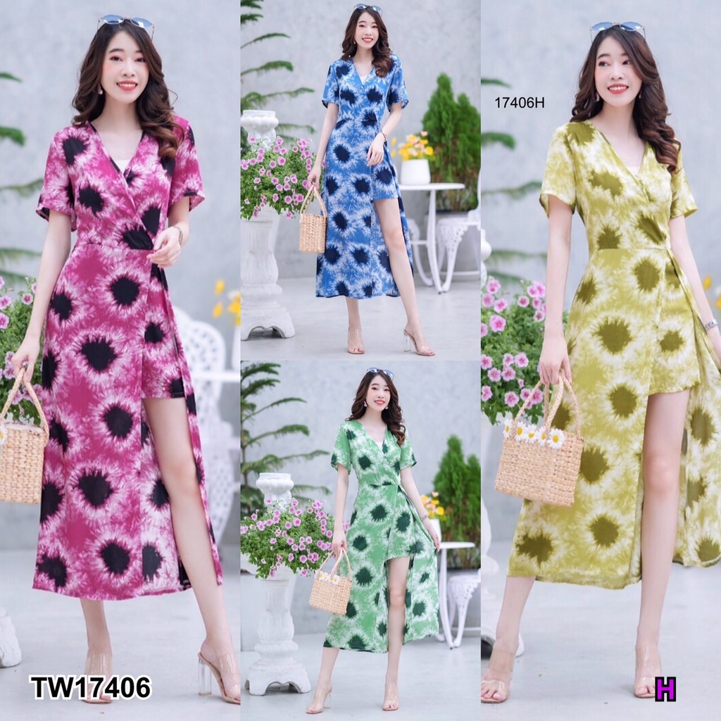 J17406 Jumpsuit จั๊มสูทผ่าแหวกหน้า ผ้ามัดย้อม Front cutout jumpsuit, tie-dye fabric