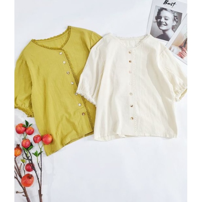 เสื้อคอปกลูกไม้สีเหลืองน่ารัก HQ แฟชั่น