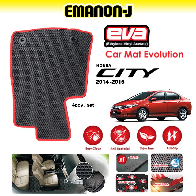 Emanon-J Honda City 2014 - 2017 Eva Evolution Odor-Free Anti-Bacterial Car Floor Mat  - Red (4 Pcs)
