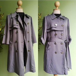 New !!! Darkgray Trench Coat เทรนช์โค้ทตัวยาวสีเทา ผ้าบางพริ้ว ใส่คลุมชิลๆ แต่งกระดุมสองแถวเม็ดโต มีซับใน พร้อมผ้าผูกเอว