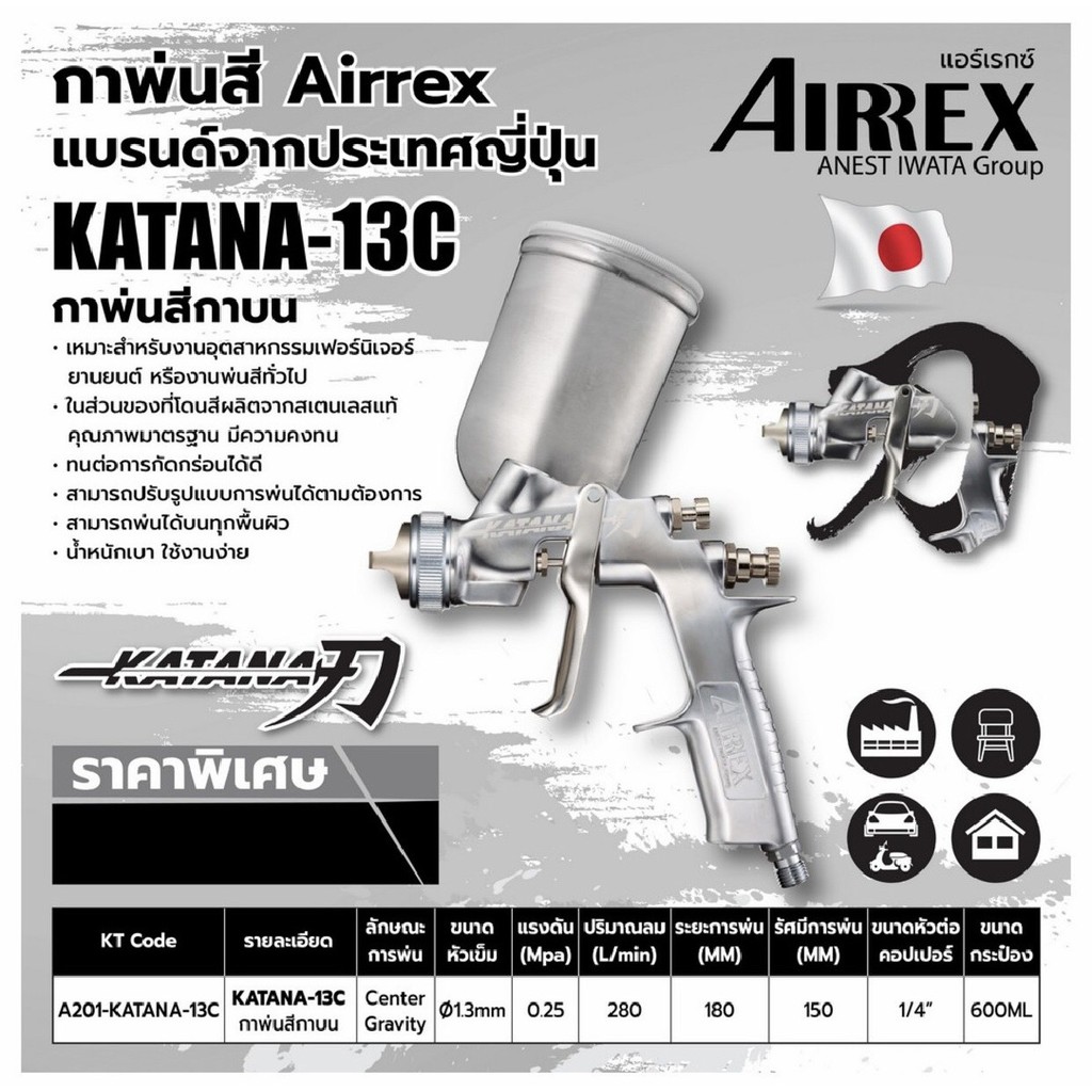 กาพ่นสี AIRREX by IWATA japan แบรนด์จากญี่ปุ่น รุ่น KATANA กาบนออกข้างอลูมิเนียม หัว 1.3