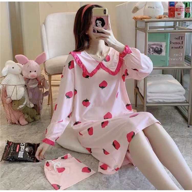 198-พร้อมส่ง ชุดนอนกระโปรงเเขนยาว พิมลาย พร้อมมีผ้าถุงให้ มีไซส์M-XXL กดสั่งเลยค่ะ