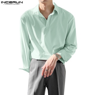 Incerun เสื้อโปโล แขนยาว คอวี สีพื้น สําหรับผู้ชาย