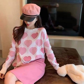 New in💖 ไหมพรมทอลายหัวใจ แต่งไข่มุก สวยหวาน + กระโปรง ทรงเข้ารูป เนื้อผ้าดีใส่สบาย เซตเดียวจบ 🌈🌻🐰