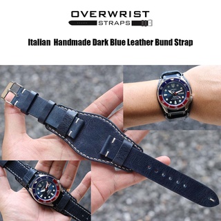 สายนาฬิกา สายหนังวัวแท้ overwrist italian handmade dark blue leather bund strap