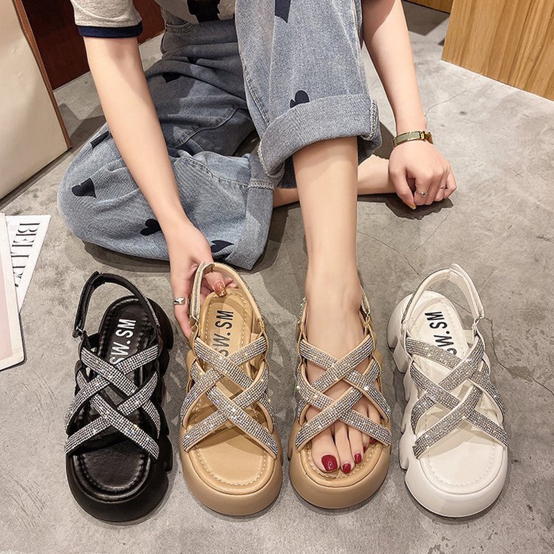 รองเท้าแตะฤดูร้อน Fashion Bright Diamond Roman Sandals Women39s Summer New Increased Platform 5536