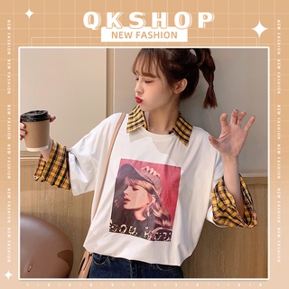 QKshop 🧸🛍เสื้อยืดแขนยาวสกรีนลายพร้อมแต่งปก แขนเสื้อลายสก๊อตสีสันสดใสโดนใจวัยรุ่นอย่างเราเลยน๊าาา รีบช็อปได้เเล้ว✨