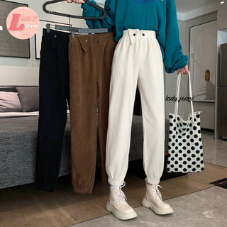 LADY_JEANS #1058( ใส่โค้ด LADYJ8 ลด 15% )พร้อมส่ง กางเกงลูกฟูกเอวสูง ขาจั๊ม กระเป๋าข้าง ทรงสวย งานป้ายเกาหลี  ผ้าลูกฟู