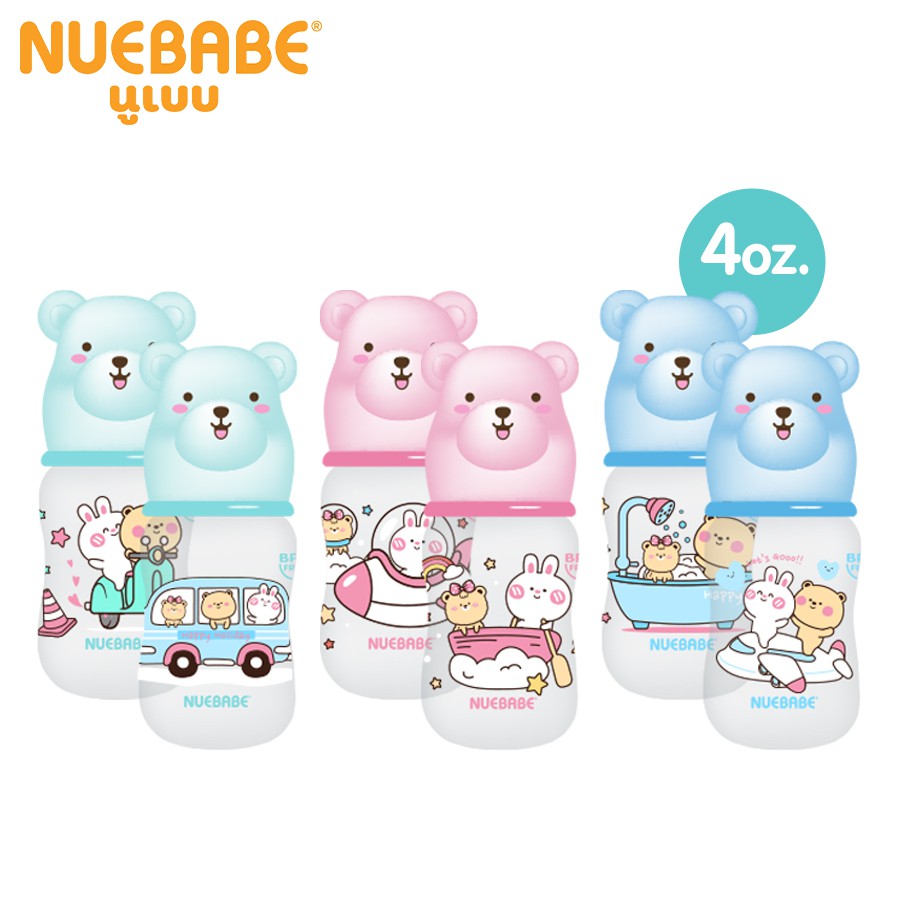Nuebabe ขวดนมทรงเอวฝาครอบหมี 4 oz. (แพ็ก 3 ขวด)3048
