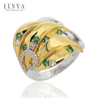 Lenya Jewelry  แหวนซาโวไรท์(Tsavorite) และคิวบิคเซอร์โคเนีย ตัวเรือนเงินแท้ชุบทองและทองคำขาว