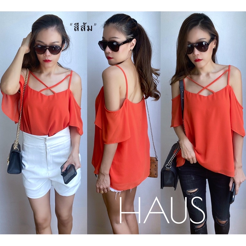 เสื้อสายเดี่ยวเปิดไหล่แต่งเส้นกากบาทหน้า ทรงแขนสั้น ผ้าชีฟองมีซับในหน้าหลังเต็มตัว รอบอก 44” (อก 34-44” ใส่ได้)