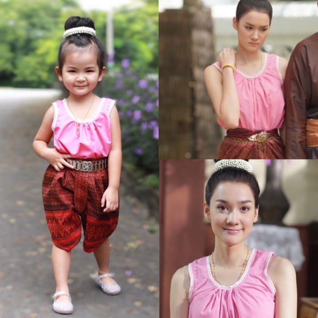 ชุดไทยเด็กผู้หญิง เสื้อคอกระเช้า และโจงกระเบน ผ้าทอต