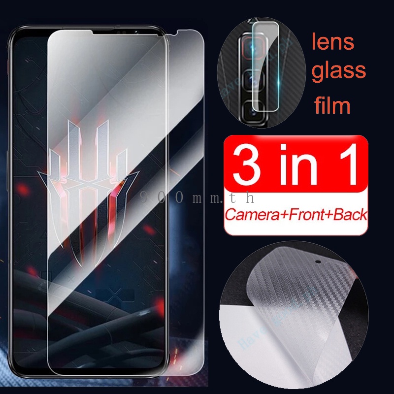 2.5D 9H ฟิล์มกระจกนิรภัยกันรอยหน้าจอ ZTE Nubia Red Magic 7 Pro 7s 6s 6 Pro 6R 5G 3s 3 Mars Lite Magic7 + ฟิล์มคาร์บอนไฟเบอร์ด้านหลัง + กระจกกันรอยเลนส์กล้อง