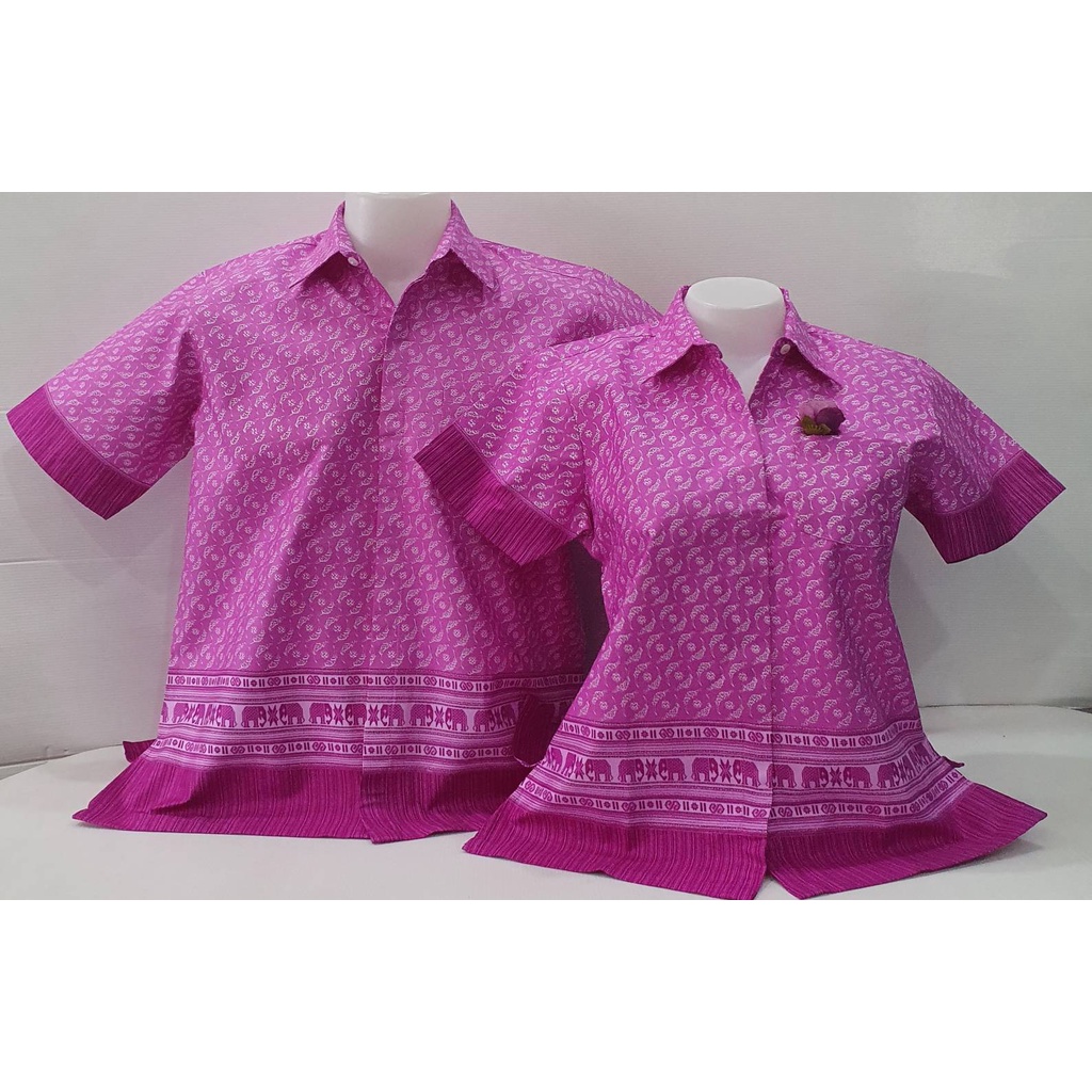 เสื้อลายไทยคอเชิ้ต - สีม่วงลายช้าง ผู้ชาย/ผู้หญิง