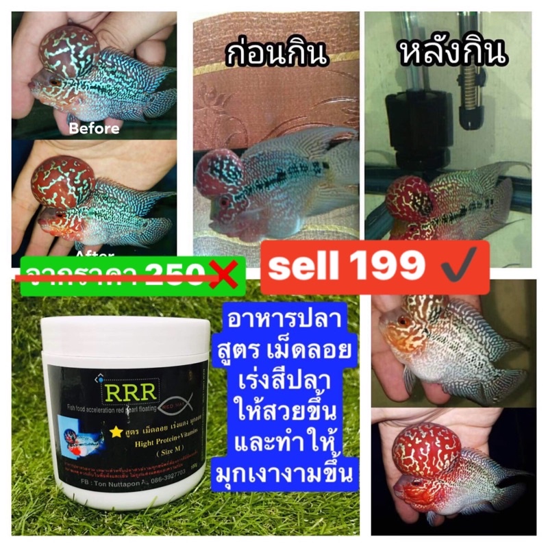 RRR อาหารปลา (เร่งแดง เร่งมุก โปรตีนสูง) เม็ดลอย  แบบกระปุก ขนาด 100 กรัม
