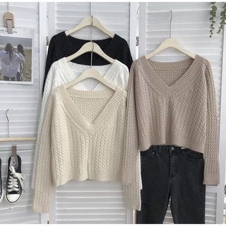 Somedays_closet l พร้อมส่ง ✨Muji crop✨งานไหมพรมแขนยาว สีเอิร์ธโทนสไตล์ญี่ปุ่น รุ่นนี้คอกว้างนิดนึงนะคะ