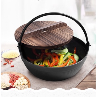 cast iron pot Japanese Style Serving Shabu Shabu Hot Pot Sukiyaki Pot with Wooden