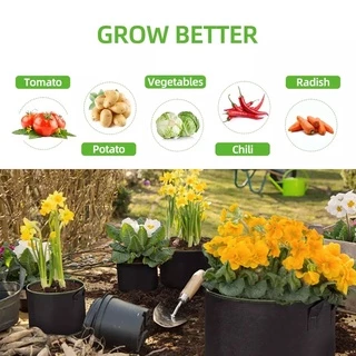 Non-woven fabric Grow bag กระถางผ้า สีดำขอบเขียว กระถางผ้าปลูกต้นไม้ ถุงปลูกต้นไม้ 1/2/3/5/7/10/12/15/20/30Gallon