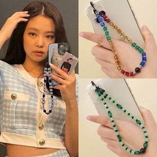 Blackpink JENNIE/ROSE เคสโทรศัพท์ สายคล้องโซ่ ลูกปัดคริสตัล สี่เหลี่ยม ป้องกันการสูญหาย สายคล้องโทรศัพท์มือถือ