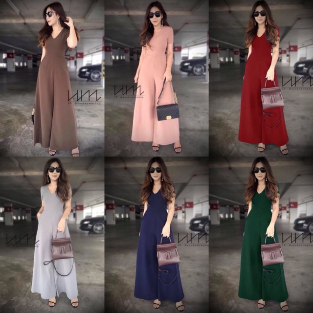TwinsShopVip พร้อมส่ง TW2766 จั้มสูทขาบานทรงA A wide leg jumpsuit.