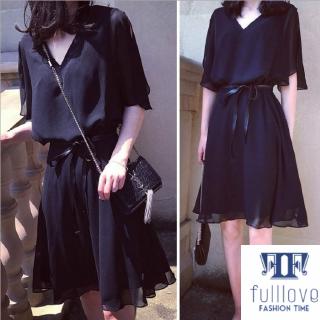 Fulllove เดรส ใหม่เดรสคอวีเอวสูงผ้าชีฟอง เดรสสำหรับสาวอวบ เดรสผู้หญิง + Belt L - 5XL Oversize รุ่น863