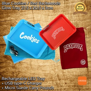 ส่งฟรี LED Rolling Tray Blue Cookies / Red Backwoods ถาดโรล มีไฟ วิปวับ ถาดสำหรับใส่ของ ถาดสำหรับโรล มี ไฟLED + ที่ชาร์ท