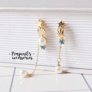 🇹🇭 พร้อมส่ง : 🐚 ต่างหูระย้าลายเปลือกหอยและไข่มุก | Shell &amp; Pearl Drop Earring.